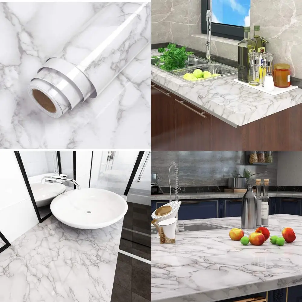 ورق اتصال من الرخام الصناعي مقاس 36 × 317 بوصة باللون الرمادي والأبيض قابل للتقشير واللصق على سطح الطاولة من الرخام المزخرف #1