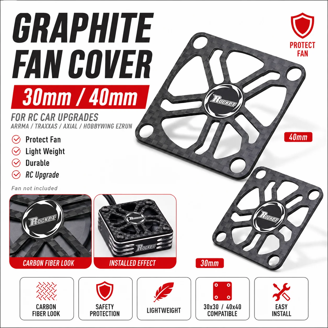 Rocket-RC Cooling Fan Cover 30mm 40mm Carbon Fibre Protective Board for ARRMA TRAXXAS AXIAL Hobbywing EZRUN RC Car Upgrade