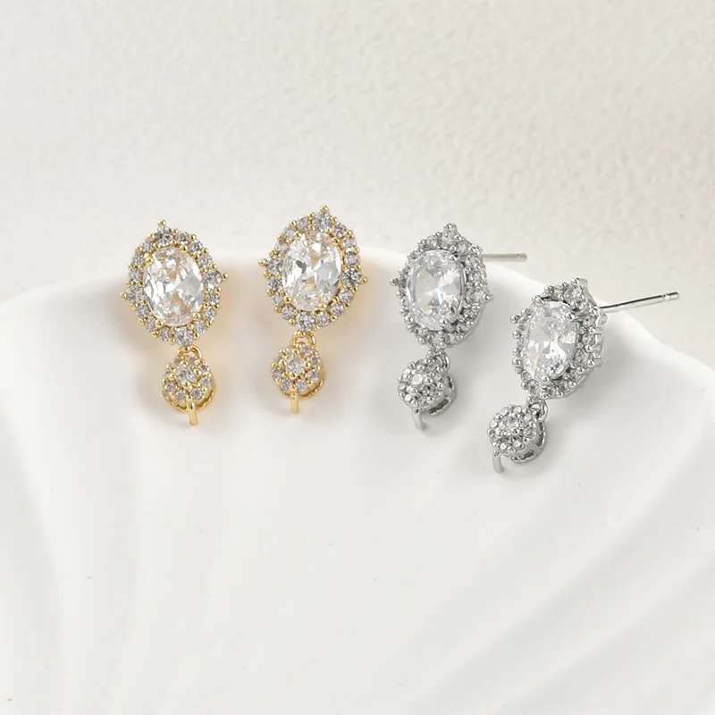 6pair 20x11mm DIY Jewelry Accessorie Oval CZ Stud Earring Base Loop Connector for Bridal Hanging on Pearls Earring Making