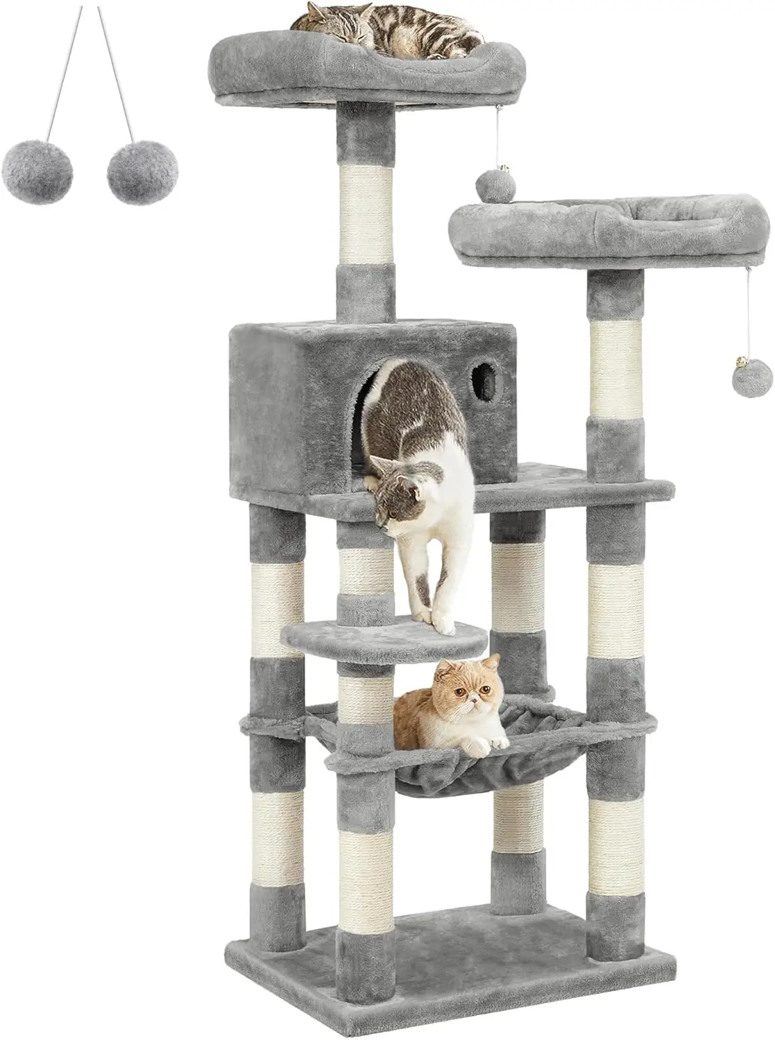 

Cat Tree, Cat Tower for Indoor Cats, 56.3-Inch Cat Condo with Scratching Posts, Hammock, Plush Perch, Light Gray UPCT15W