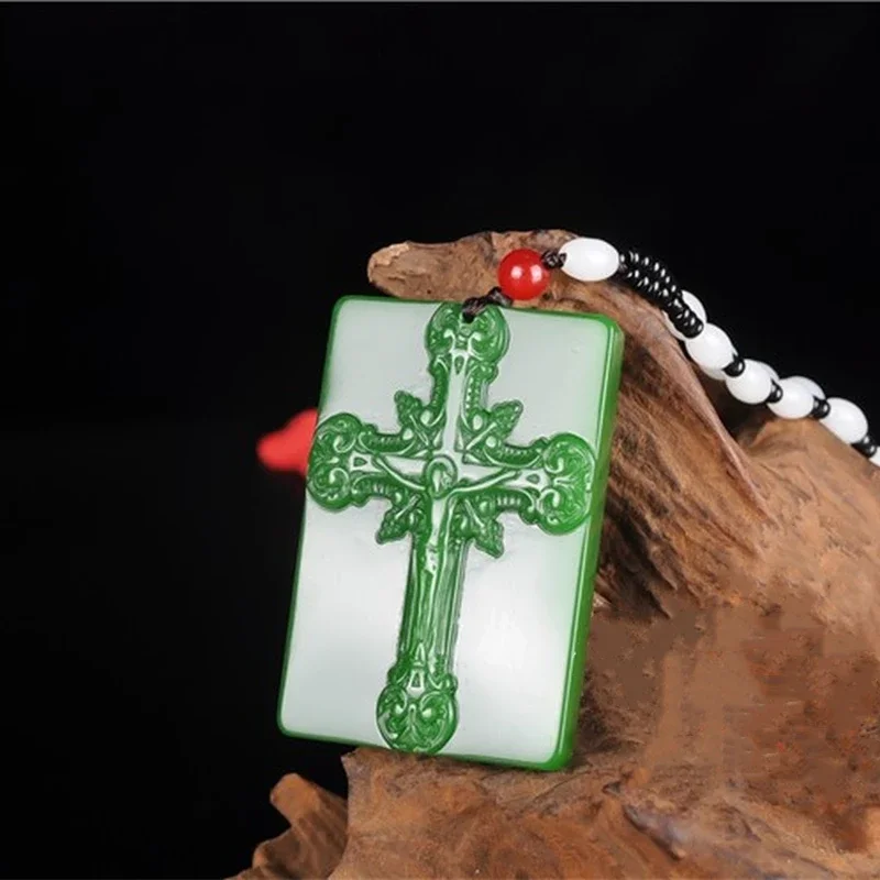 Natural Green Hand-carved Cross Jade Pendant Fashion Boutique Jewelry Men and Women Jesus Cross Necklace Gift Accessories