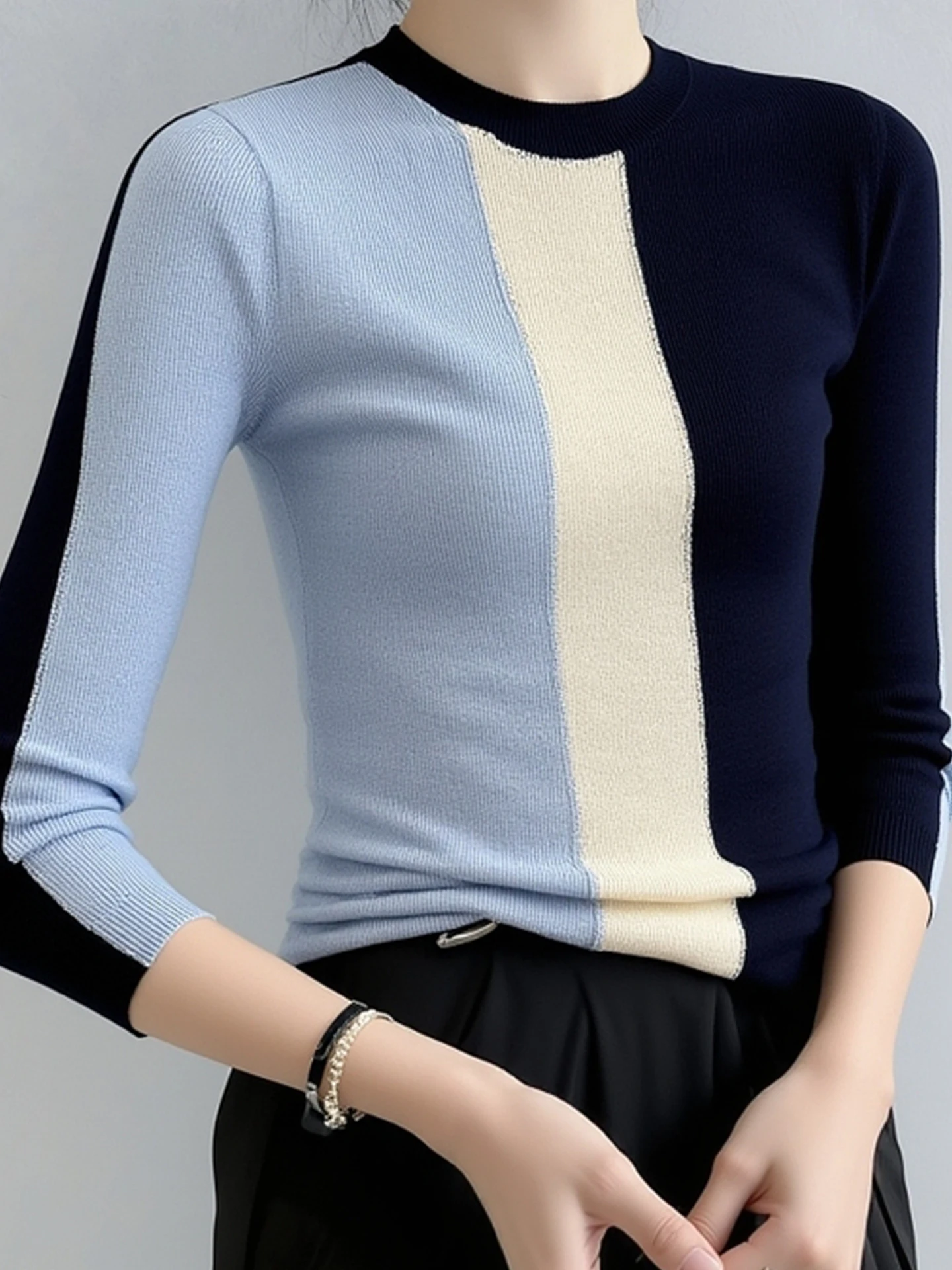 Dopasowana długa dzianina damska, modny design, zimowa warstwa bazowa, kolorowe łączenia, top do pracy, styl koreański...