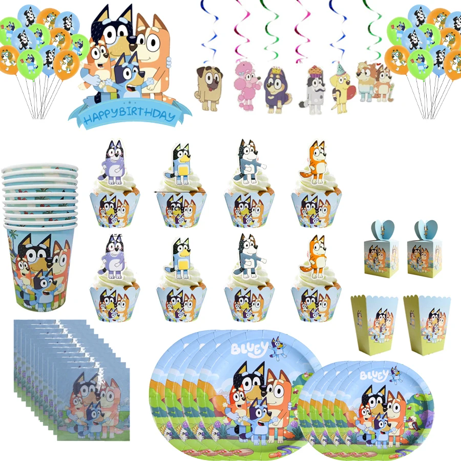 Ensemble de vaisselle jetable sur le thème de Bluey pour fête d'anniversaire avec gobelets, assiettes, décoration de gâteau, cadeaux, ballons et sac cadeau