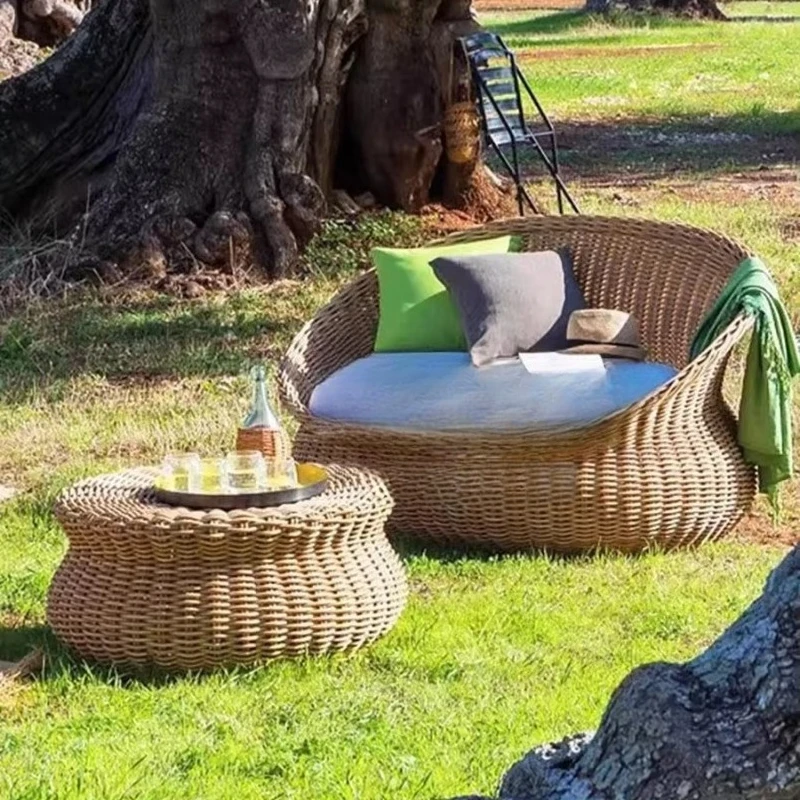 friendly waterproof outdoor three-piece rattan sofa set recliner coffee table high-density foam seat cushion for courtyard