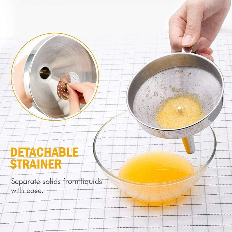 Stainless Steel Funnel Kitchen Oil Liquid Metal Funnels with Detachable Filter Wide Mouth Funnel for Canning Kitchen Tools