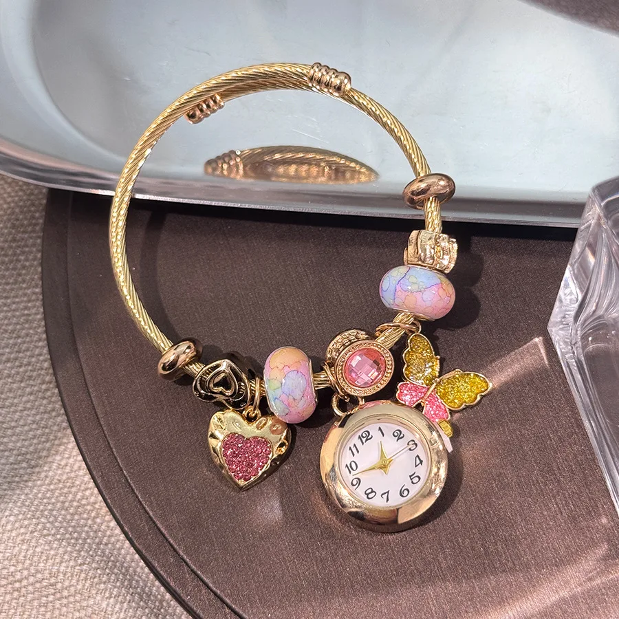 

Модные женские часы с золотым браслетом, повседневные элегантные регулируемые открывающиеся браслет из сплава, кварцевые наручные часы, ювелирные изделия, подарок