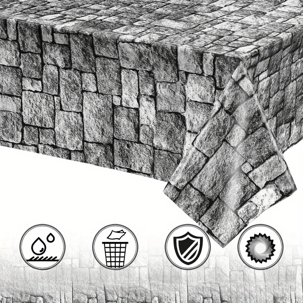 3 Stück Kunststoff-Tischdecke mit Steinwanddruck – mittelalterliches Schloss-Thema, Ziegeldesign für Halloween, Abschlussfeier, Sommerparty-Dekoration – Detail 2
