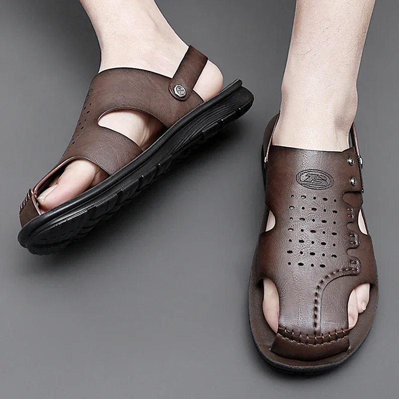 

Men's leather toe sandals, outdoor walking shoes, casual flat sandals, beach shoes, fashionable and versatile sandals for summer