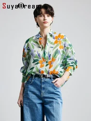 SuyaDream,Woman Printed Shirts, 100%Ramie, Turn Down Collar, Chic Blouses, 2025 Spring Summer Casual Top, Blue, Green, Yellow