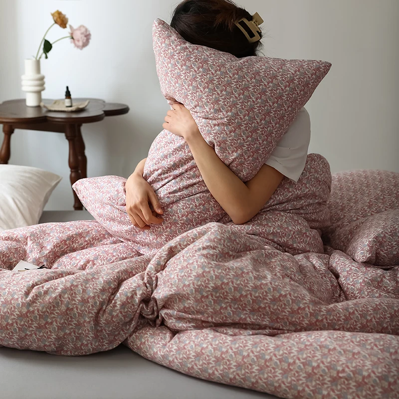 Pure Cotton Knitted Bedding Set Floral Print Duvet Cover Sheet Set Cotton Bed Linens Simple Style Four-Piece Bedding Set