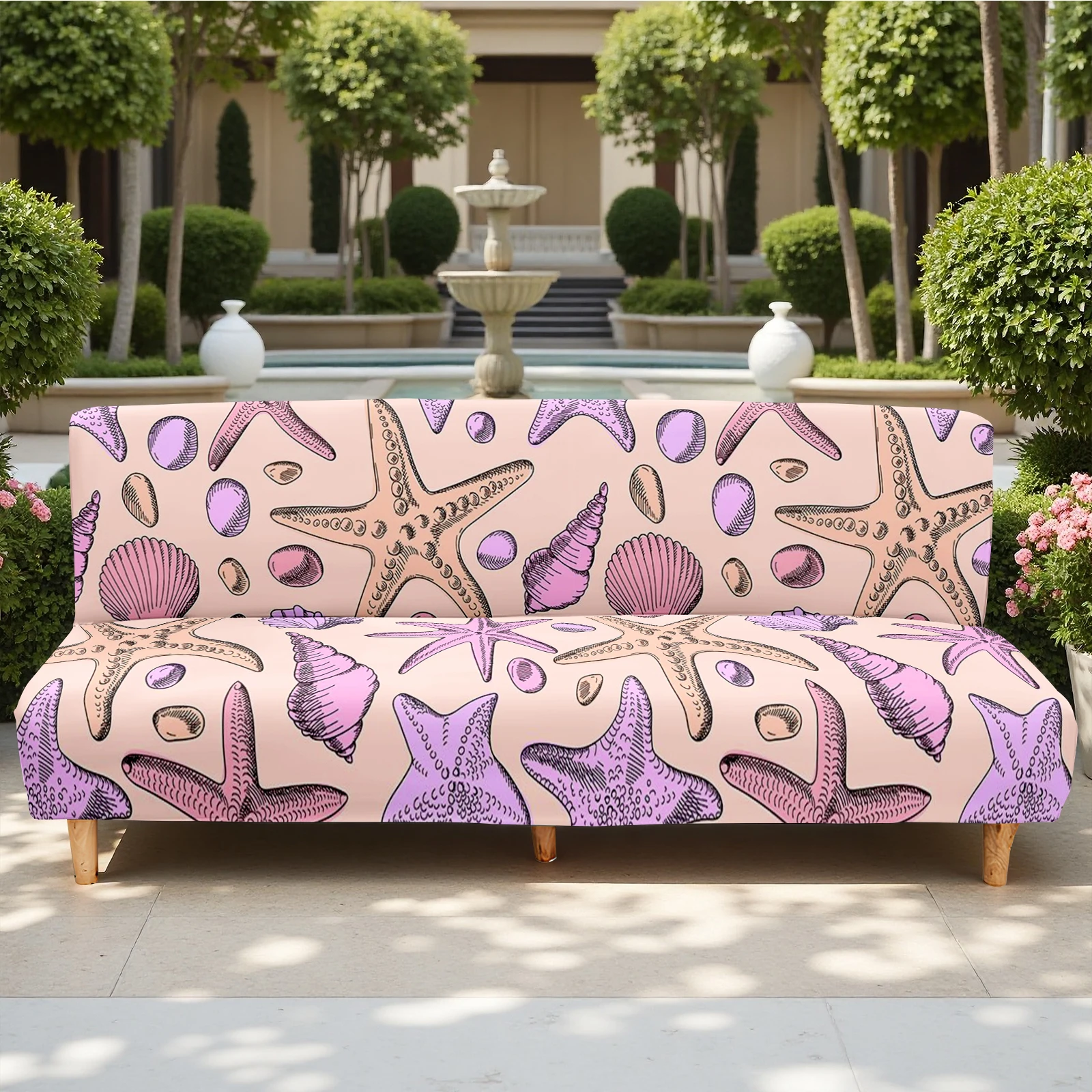 Beach Style Starfish & Shells Printed Summer Outdoor Sofa Bed Cover, Milk Silk Elastic Slipcover, Machine Was