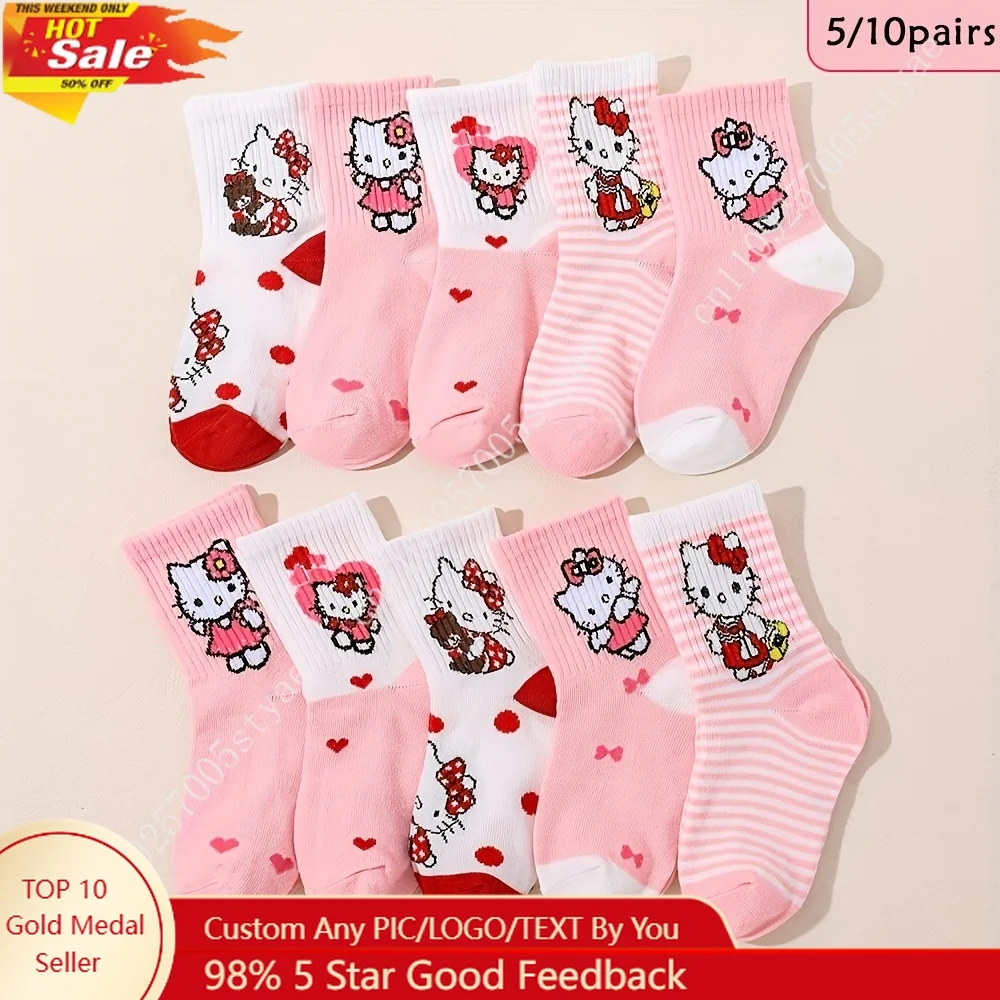 

5/10 Pairs Hello Kitty Girls Socks Cute Cartoon Sanrio Ankle Crew Sock Breathable Soft Knit Pink Red Heart Pattern Summer
