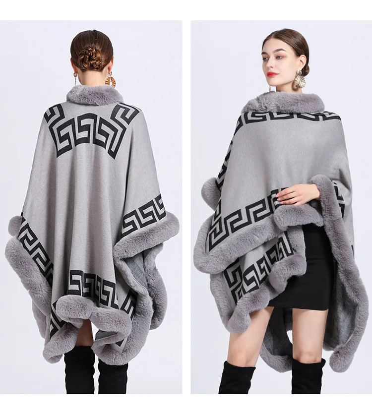 5 Colors Winter Warm Long Printed Striped Poncho Cape Cashmere Loose Shawl Cloak Women Faux Rabbit Fur Collar Big Pendulum Coat