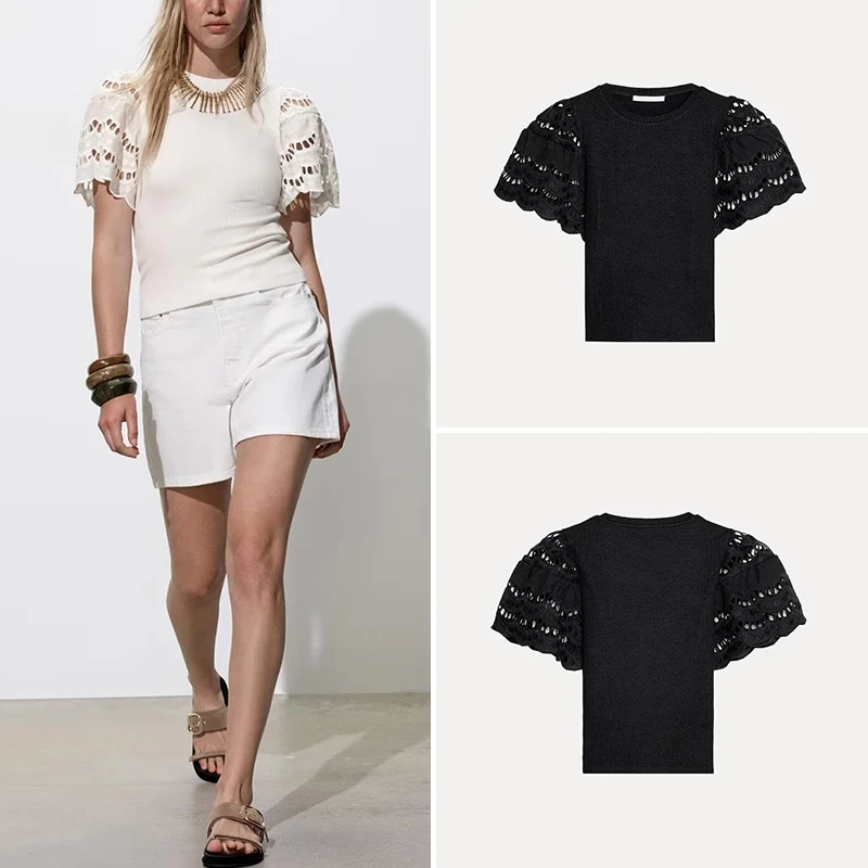 

Spring 2025 Women's Faion Versatile Multi-Color ort Sve round Ne T-irt Embroidered Sve Polyester Fiber 00%