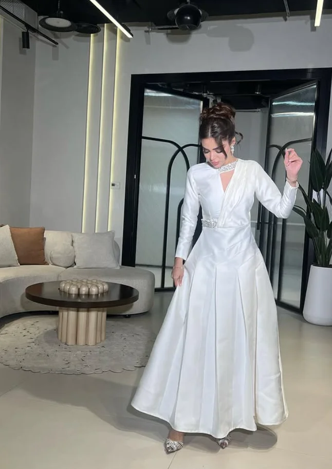 ホワイトステイン足首までの長さのプロムフォーマルドレスクリスタルシャーリング長袖中東イブニングドレスカスタムサイズジャージービスポーク