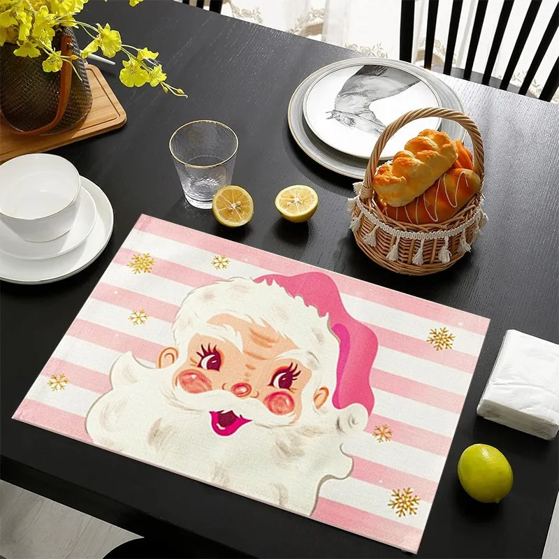 VIKAMA Linen Placemats Christmas Santa Claus Pink White, Stain Resistant Easy to Clean, Dining Table Holiday Home Decor