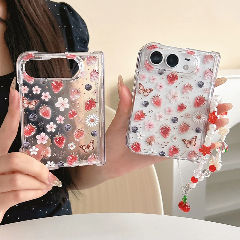 Clear Cute Flower Strawberry Phone Case For iPhone Duo Cover with Chain Korean Hard Cases For Apple iPhone Duo Fold Kawaii Funda