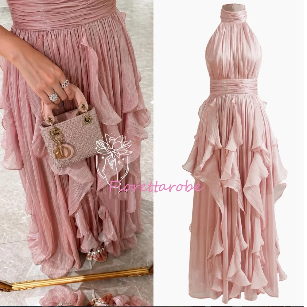 

Customized Pink Halter Neck Prom Dress A-Line Tiered Ruffle vestidos de noche Sparkly Chiffon Floor-Length Evening Dresses 2026