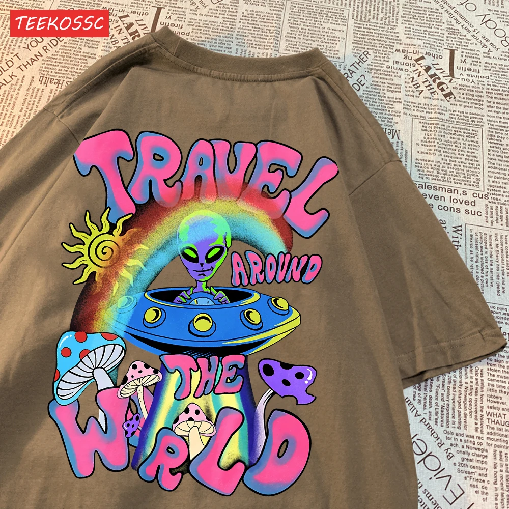 Fashion Cotton Woman T-Shirts Alien Ufo Travel Around The World Prints Short Sleeve O-Neck Soft Breathable Street Female Clothes