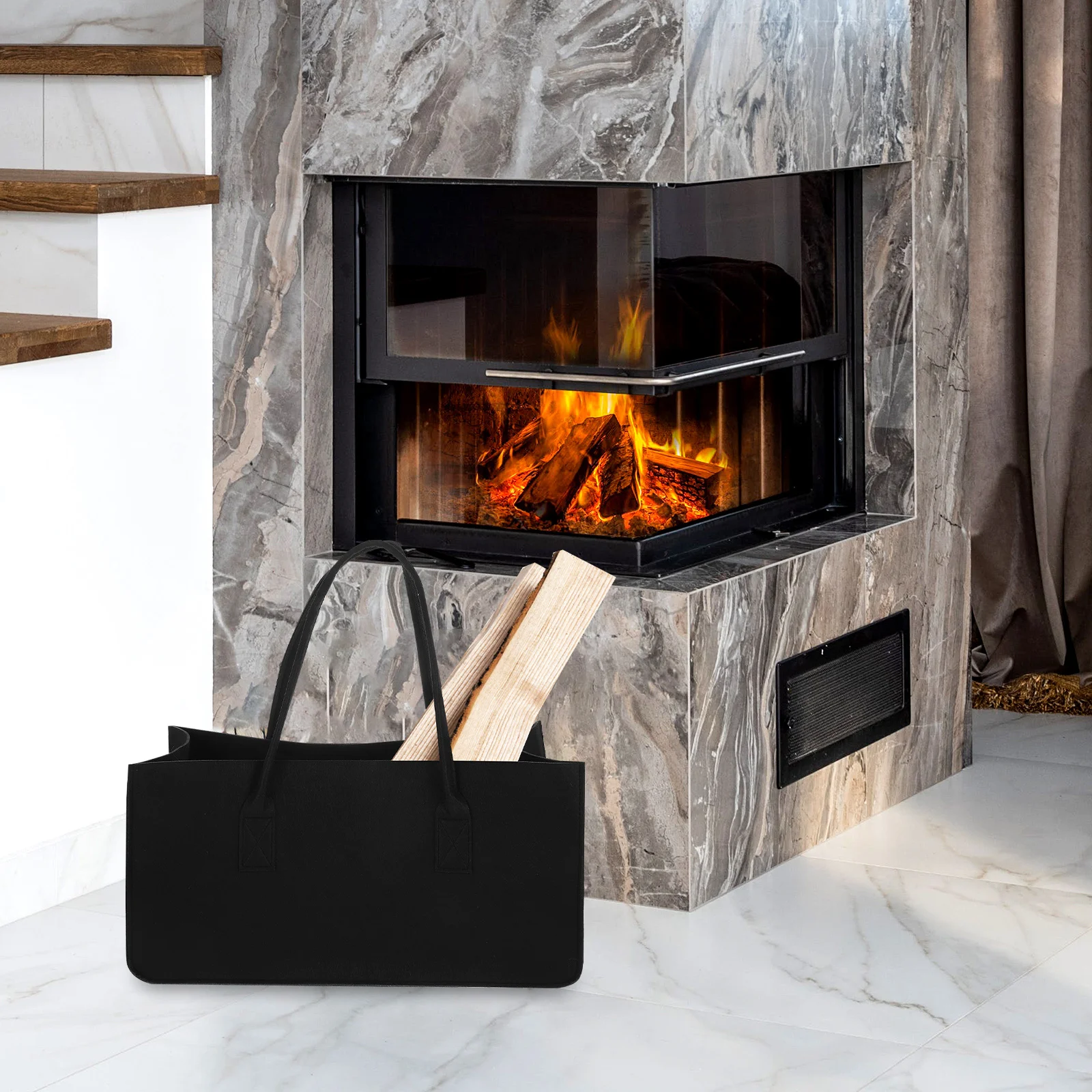 

Portable Black Felt Firewood Storage Bag Large Capacity Reusable Multifunctional Garden Tool Organizer