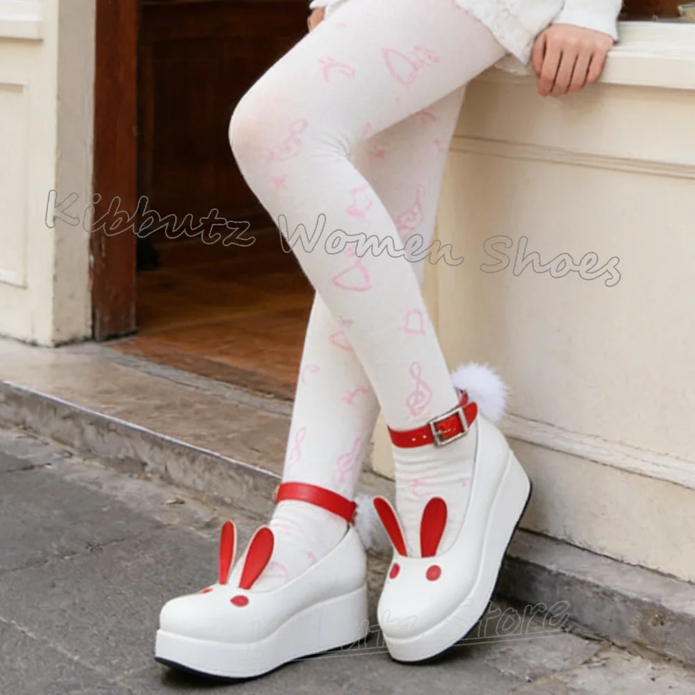 

Rabbit Fluffball Platform Pumps Patchwork Leather Mixed Color Belt Buckle Women Shoes Round Toe Thick Bottom Sweet Elegant New