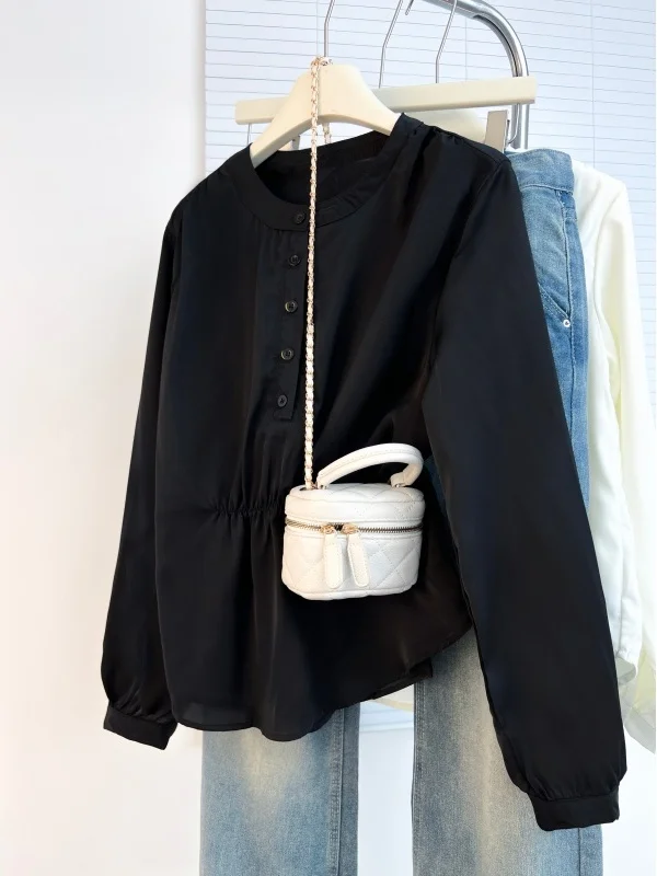 

Elegant Black Long Sleeve Shirt Women's plus Size Elastic Waist Cover Belly Top Spring 2026 Commute Style Korean Loose Fit