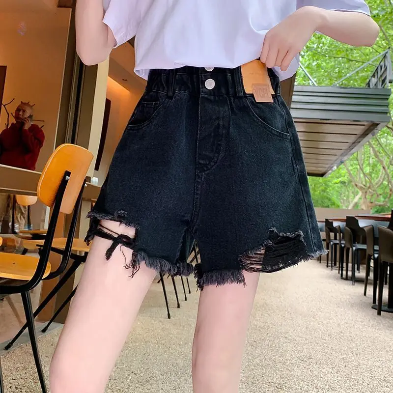 Kids Child Elastic Waist Fashion Hole Design Shorts 2026 Summer Teen Girls Denim Shorts Clothes New Arrival  Age 5-14 Years Old