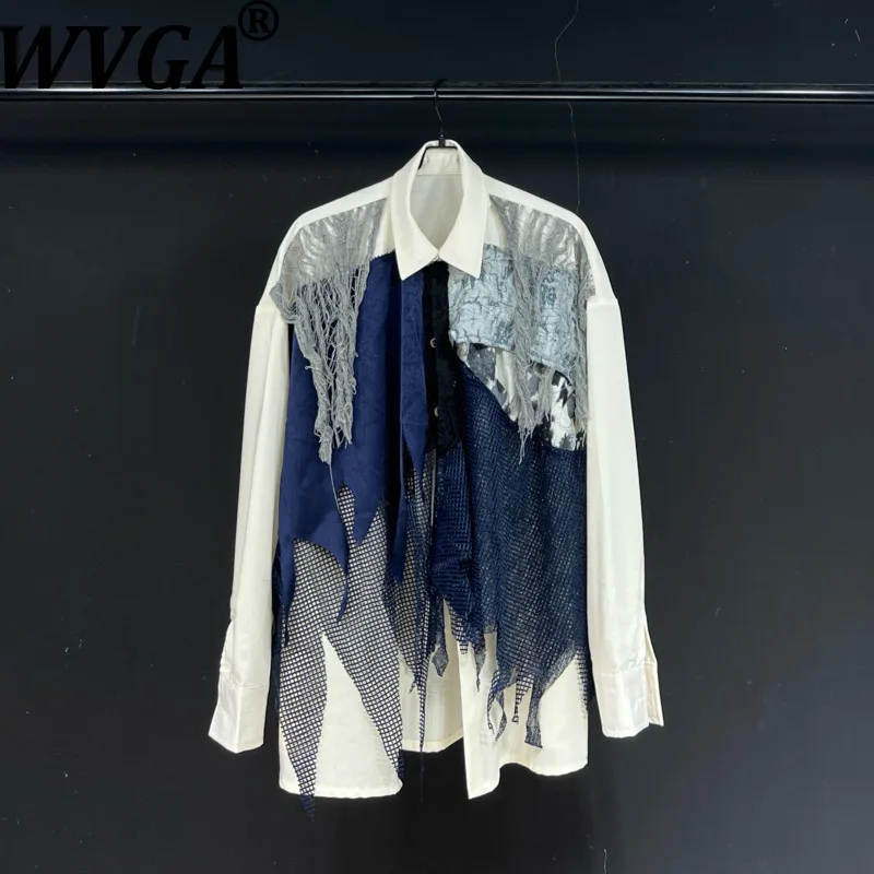 

WVGA Spring Autumn New Men Tide Lace Patchwork Trendy Long Sleeved Shirt Niche Chic Casual Punk Turn-Down Collar Tops Ins W15621