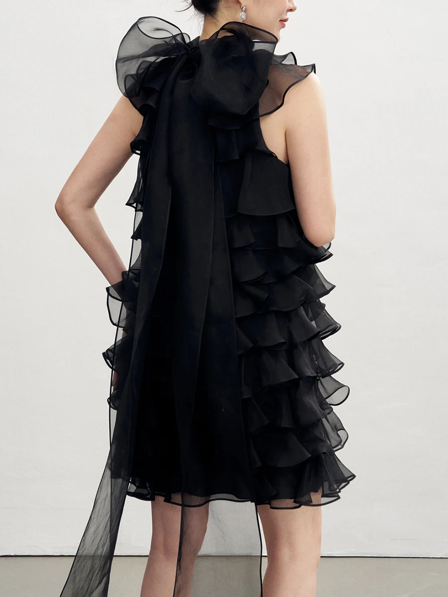 TWOTWINSTYLE Solid Patchwork Ruffles Mini Dresses For Women O Neck Sleeveless High Waist Temperament Dress Female Fashion New