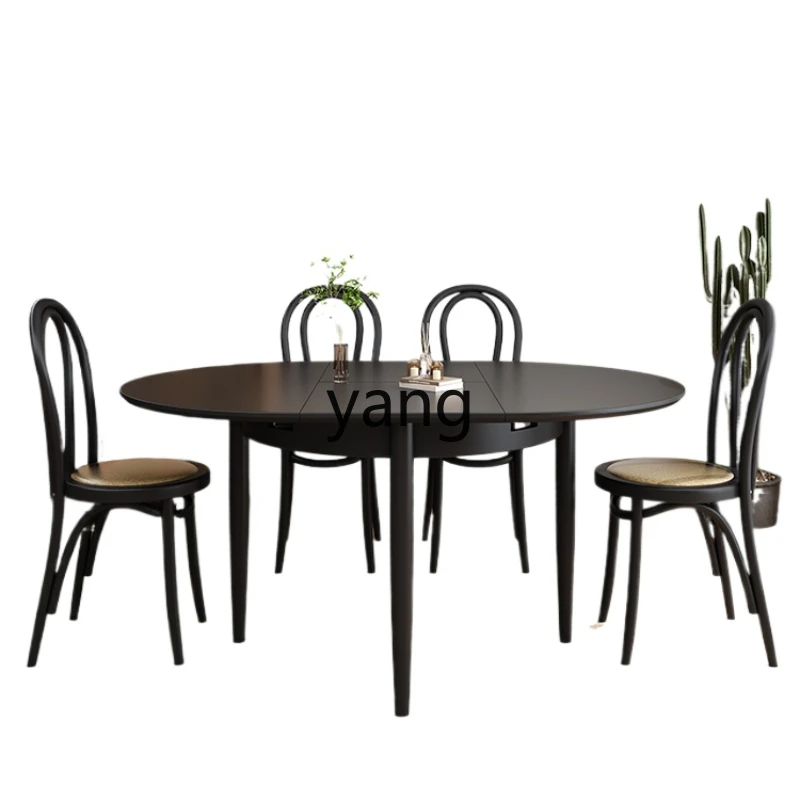 

LMM Solid Wood Folding Dining Table Household Small Apartment Black Retro Retractable Dining Table Oval Variable round Table