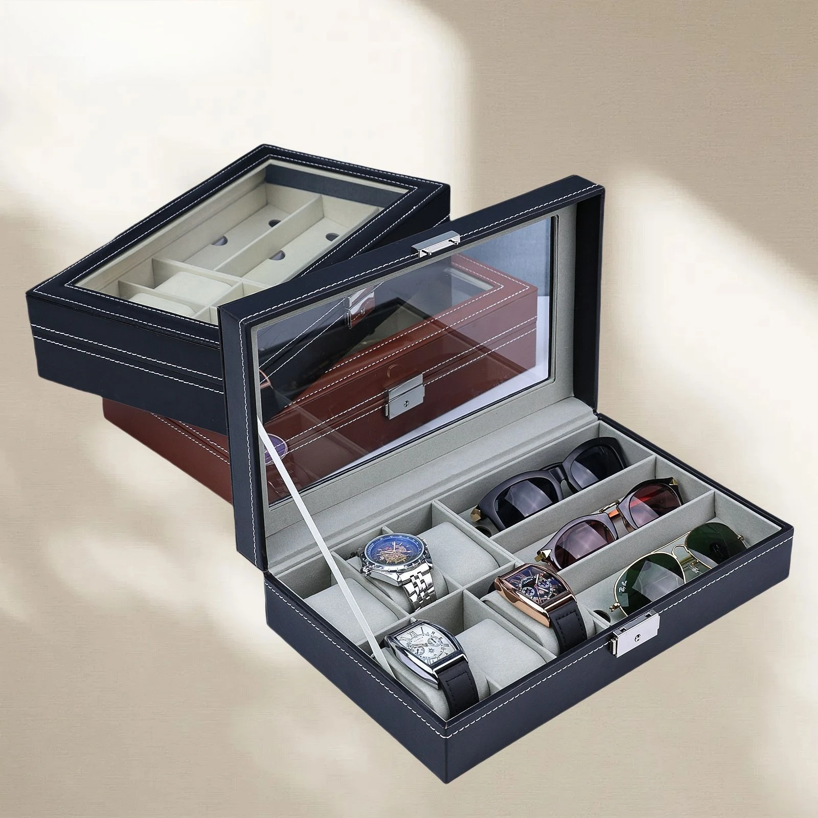 

Watch box Wholesale high-end watch storage jewelry box Spot leather watch transparent window storage display box