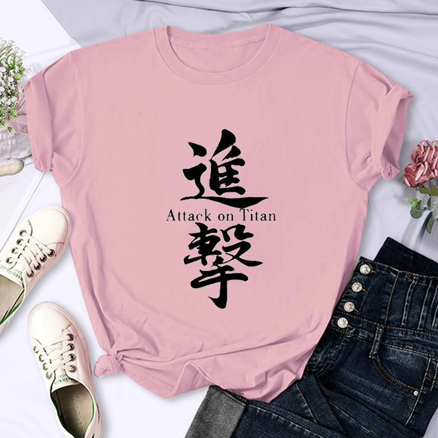 Women T-shirts Japanese Anime Attack On Titan Levi Ackerman Eye Punk Tops Harajuku Oversized Gothic Short Sleeve T-shirt Pink