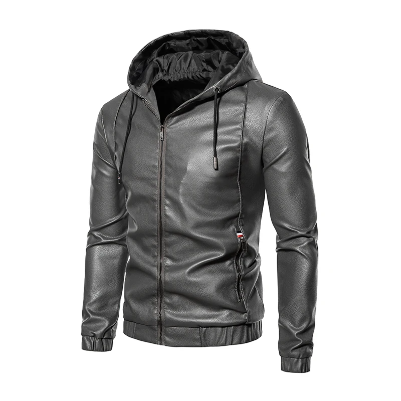 

Spring Autumn PU Leather Bomber Jacket Men Streetwear Fashion Loose Thin Men's Youth Hooded Leather Jacket Male Cargo Jacket