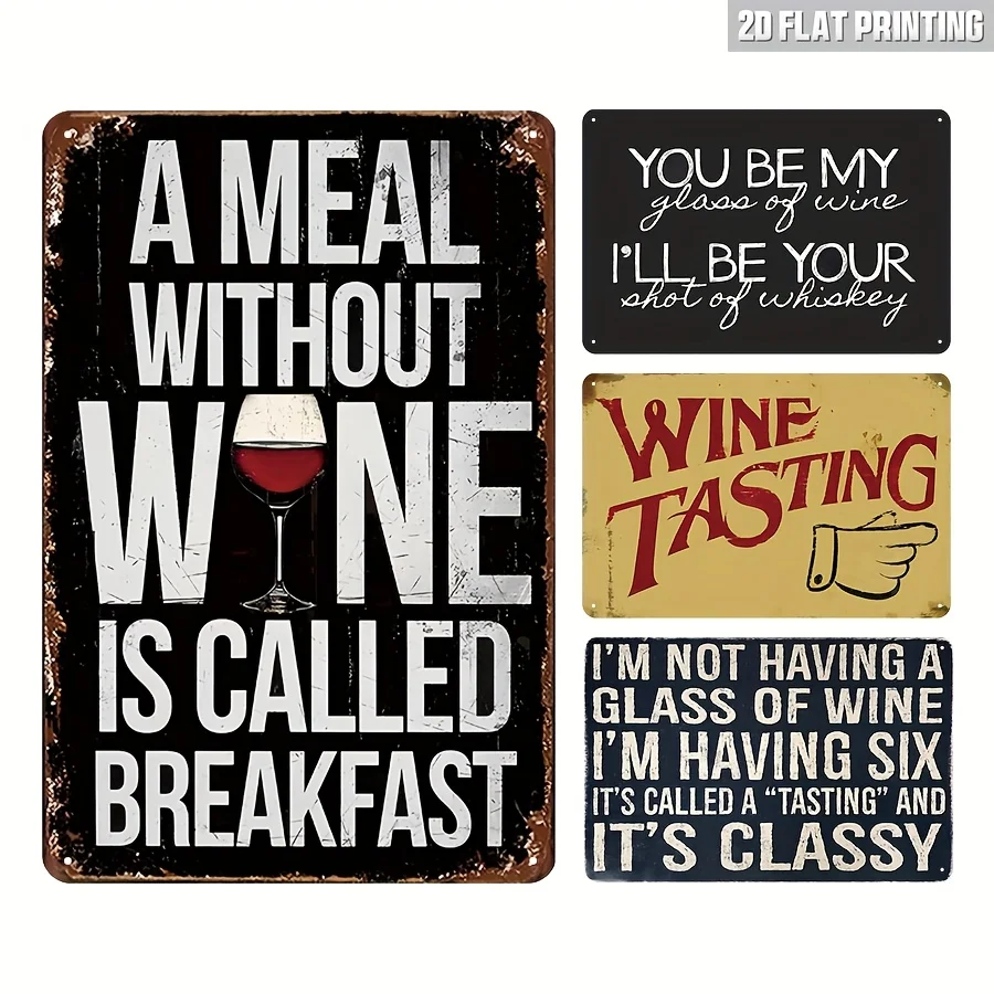 2D Flat, 4pcs Vintage Metal Wall Decor, Retro Wine Theme Decor With Humorous Quotes And Wine Illustrations,Durable, Easy To Hang