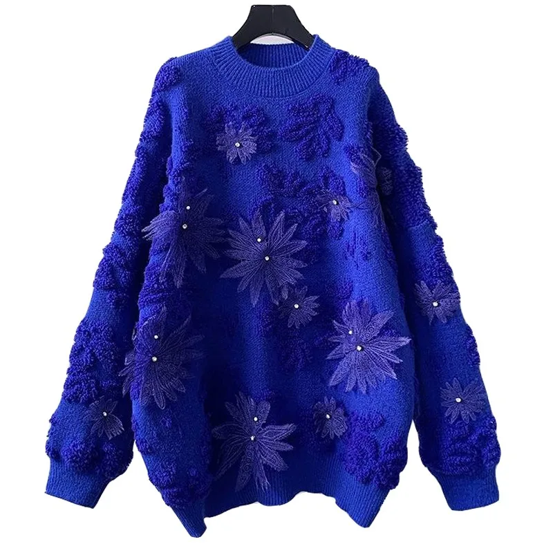 Crochet Harajuku Three-dimensional Flower Inlaid Diamond Woman Sweater Autumn Winter Knitwear Nail Bead Fashion Pullover Female