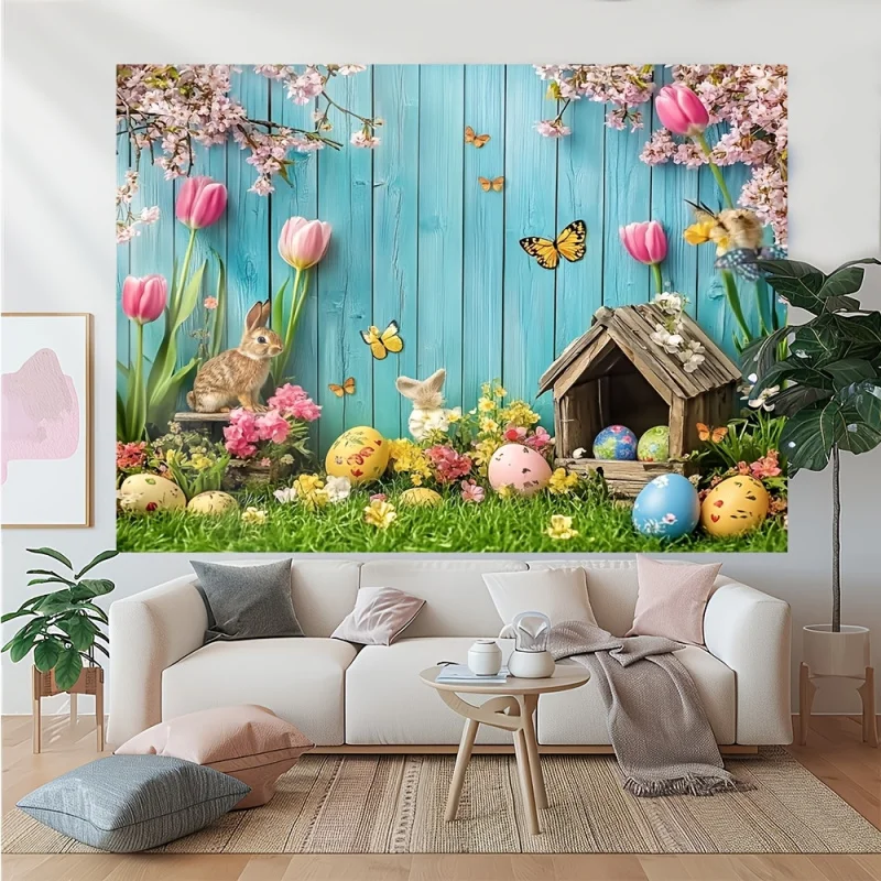 VIKAMA Easter Tapestry Wall Hanging Spring Garden Rabbit Egg Pattern Decorative Tapestry Home Garden Party Celebration Decor