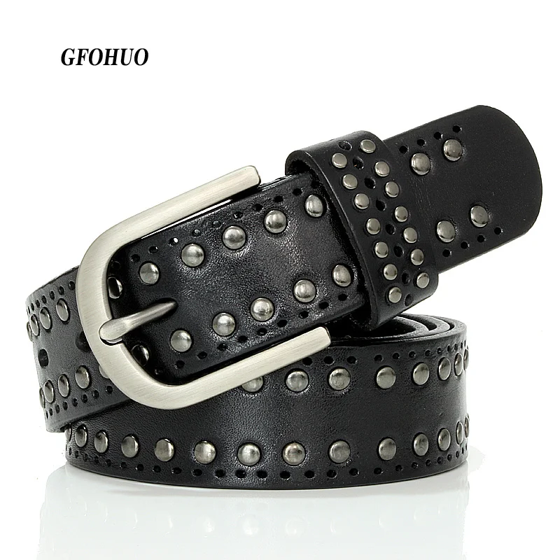 

3.3CM Punk Lady Belts Rivet Women High Quality Real Genuine Leather Female Strap Vintage Woman Cowskin For Jeans