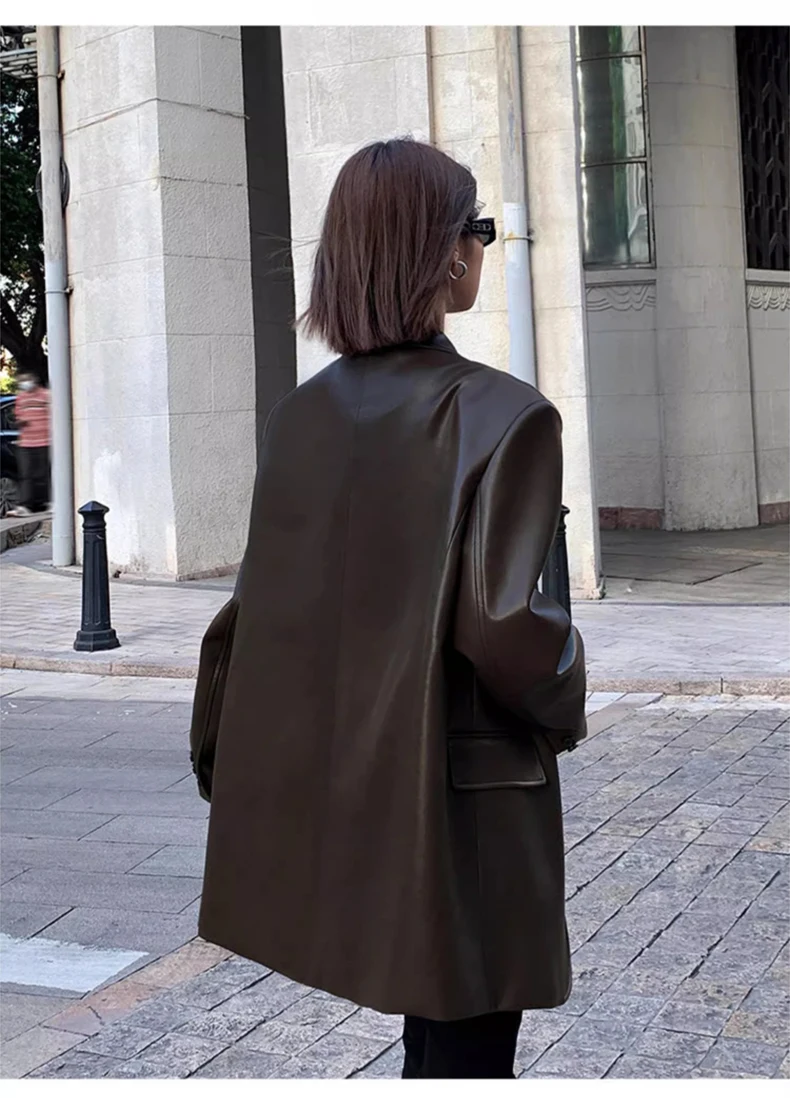 Lautaro Autumn Black Brown Soft  Pu Leather Blazer Women Shoulder Pads Long Sleeve Single Breasted Loose Casual Korean Fashion