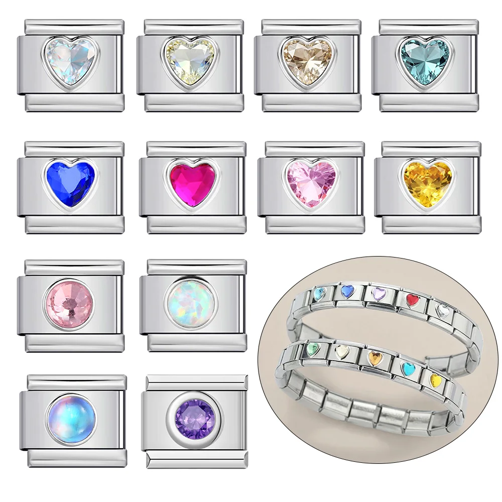 Fashion Colorful Round Heart Zircon Italian Charm Bracelet Stainless Steel Elastic Link Chain For Woman Party DIY Making Jewelry