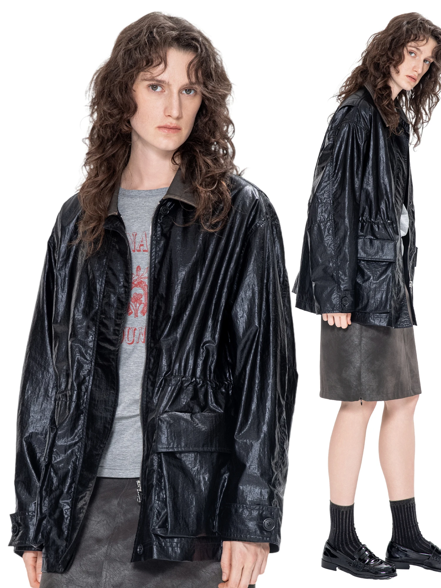 

TROU NOIR Bla Hole Новая женская куртка ранней осени с кожаным воротником, комбинированная, средней длины, в стиле ретро, для повседневной носки