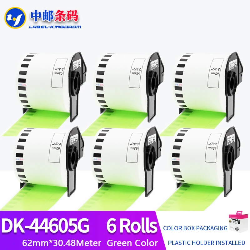 6 Rolls Brother Compatible DK-44605 Labels 62mm*30.48M Green Color Compatible for QL-700/720NW All Come With Plastic Holder