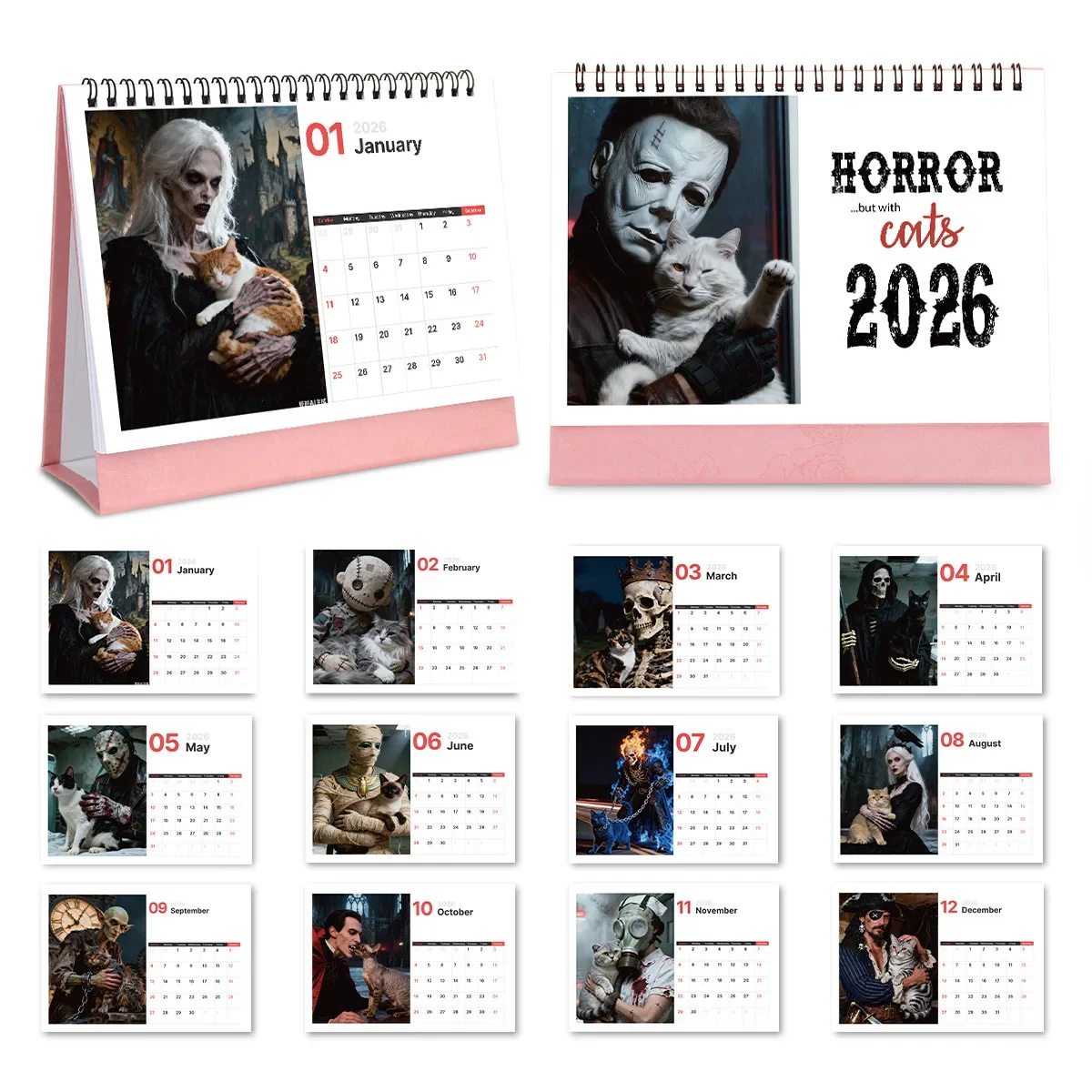 

1 шт., настольный календарь с кошачьей тематикой Eerie Horror для украшения офисного стола, подходит для эстетических любителей ужасов, подарок на Новый год 2026