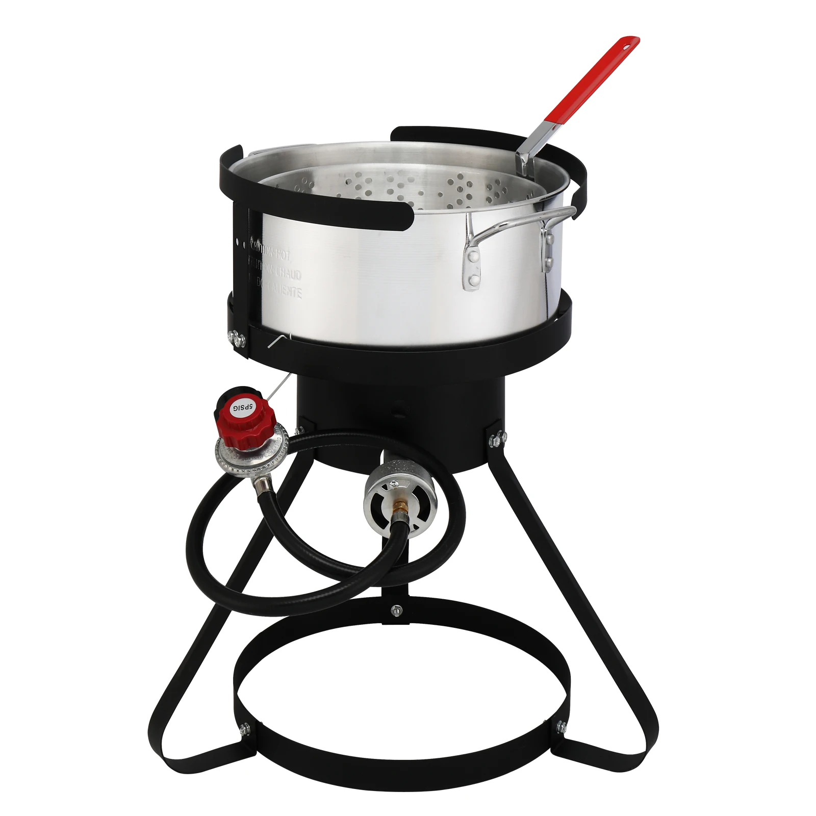 Ensemble de quatre pièces de cadre de cuisinière en fer rond noir, marmite à dinde en aluminium argenté, marmite à poisson, friteuse à gaz, 13x32 pouces, 30qt, 10qt