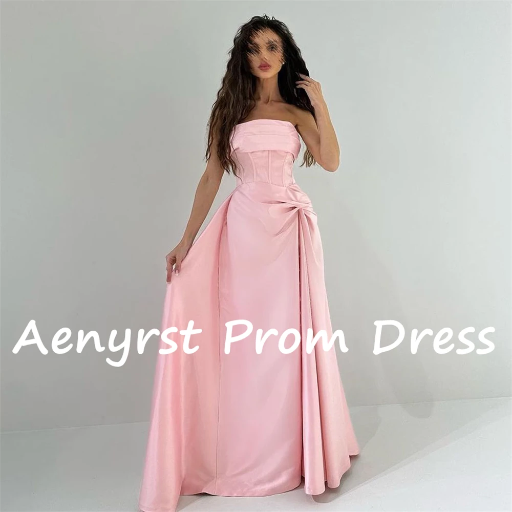 Aenyrst Roze Strapless Geplooide Prom Jurken Satijn Straight Avondjurken Vloerlengte Verjaardagsfeestjurk Elegant فساتين السهرة