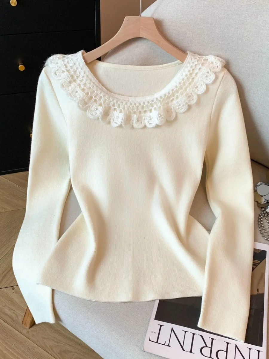 Premium-Design-Strickpullover für Damen, Herbst und Winter, Innenbekleidung, Basisschicht, mit Perlen verziert, Rüschenkragen, selbstklebend