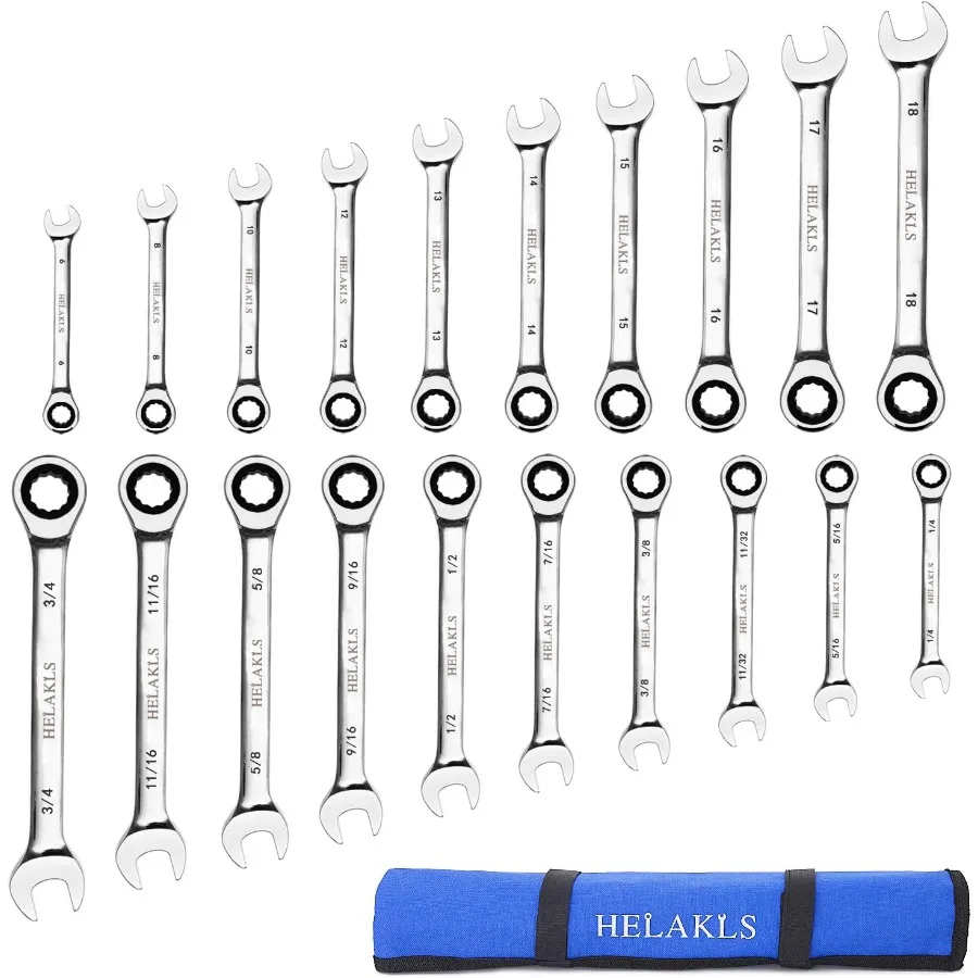 20-Piece 6-18MM 1 4-3 4 Inch Metric SAE Ratcheting Wrench Set Box Open End Combination Gear Wrench Spanner Tools for Mechanic 7