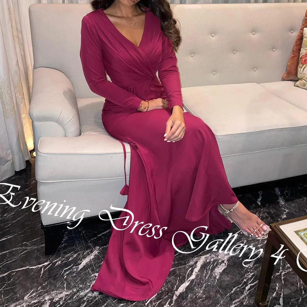 Customized Fashion Pleat V-Neck Floor Length Straight Evening Dress Temperament Jersey Long Sleeves Sweep Train платье вечернее