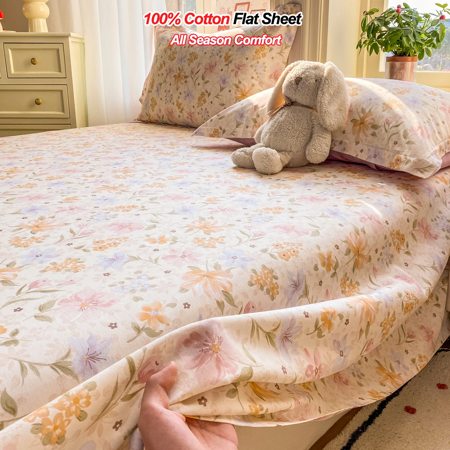 All Season Comfort 100% Cotton Flat Sheet Top Sheet, Soft Breathable, Wrinkle Resistant Fade Resistant Bed Sheet Single Double