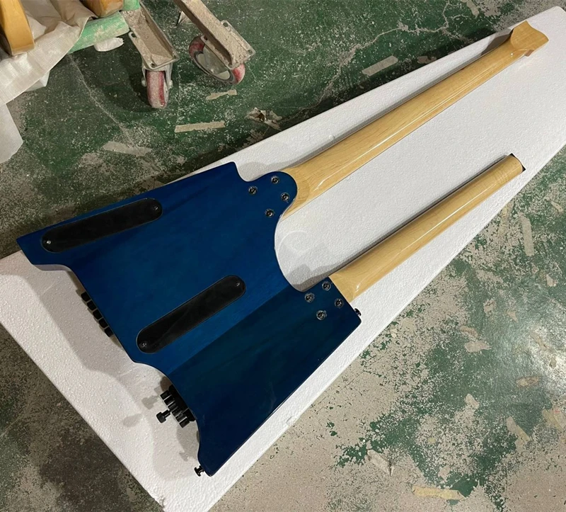 غيتار كهربائي بلون أزرق وعنق مزدوج بدون رأس ، لوحة أصابع من خشب الورد ، سطح من خشب القيقب اللهب ، 6 + 5 أوتار