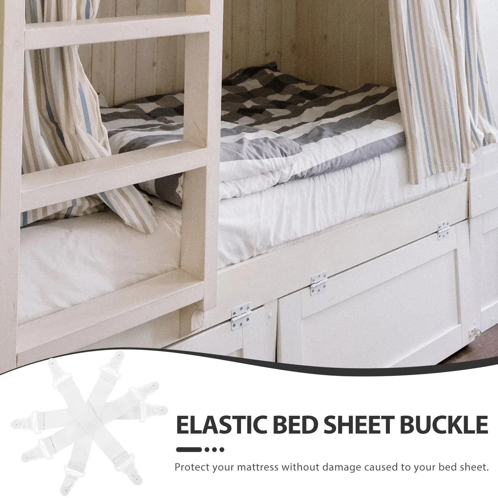 White Elastic Sheet Grippers Garter Style Bed Clip Straps with Sturdy Plastic Clips Nylon Bands for Wrinkle Free Sleeping
